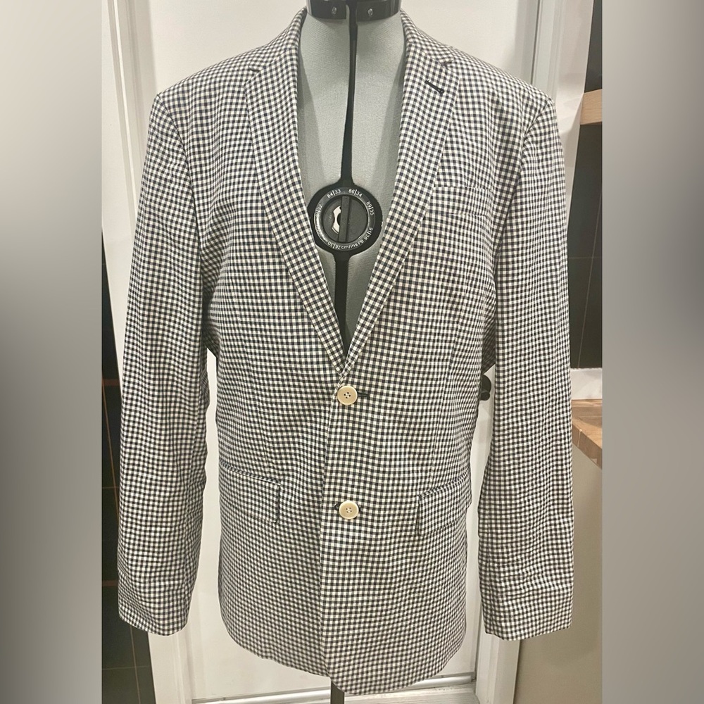 H&M gingham check 2 button blazer, navy & white, 38R, EUC